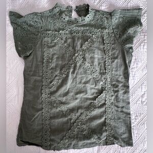 Sage Elegant Crochet Lace Trimmed Top Medium